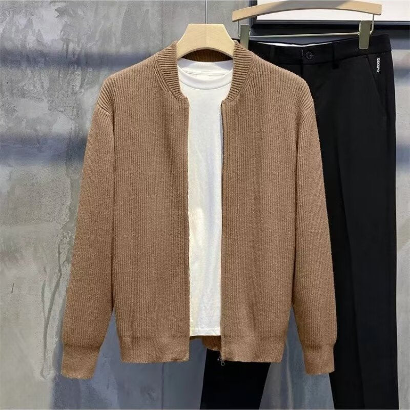 Casual Solid Color Knit Double Zipper Cardigan Sweater for Men