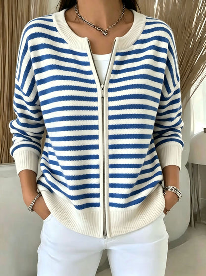 Striped zipper knitted cardigan for women