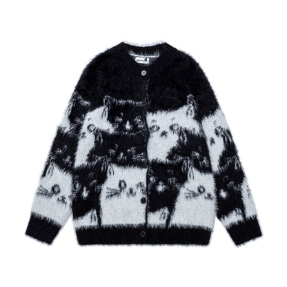 Cartoon contrasting round neck knitted cardigan