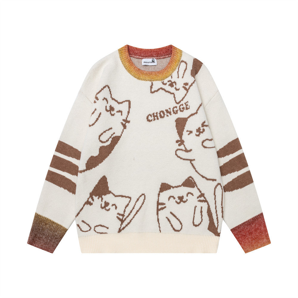 Cartoon jacquard contrasting round neck sweater
