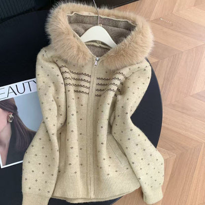 Hooded Fur-Collar Zip-Up Knit Cardigan for Women, Vintage Stylish Thick Short Knit Sweater Coat