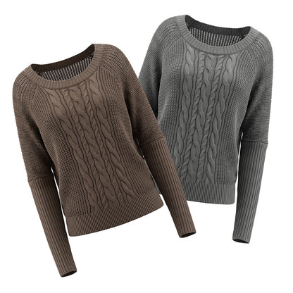 Round neck twisted flower knitted long sleeved sweater