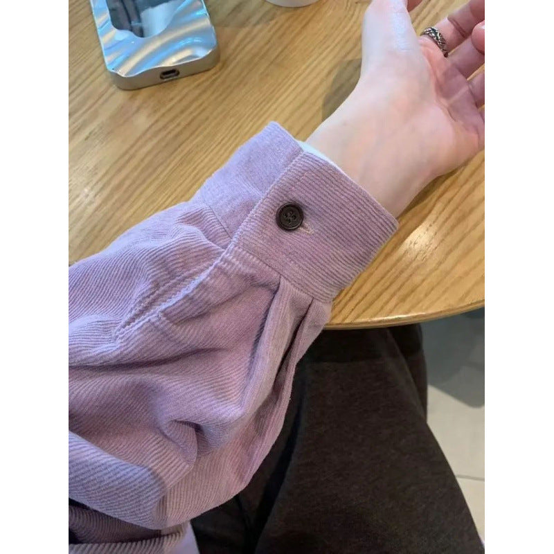 Style Casual Purple Corduroy Long Sleeve Loose Shirt