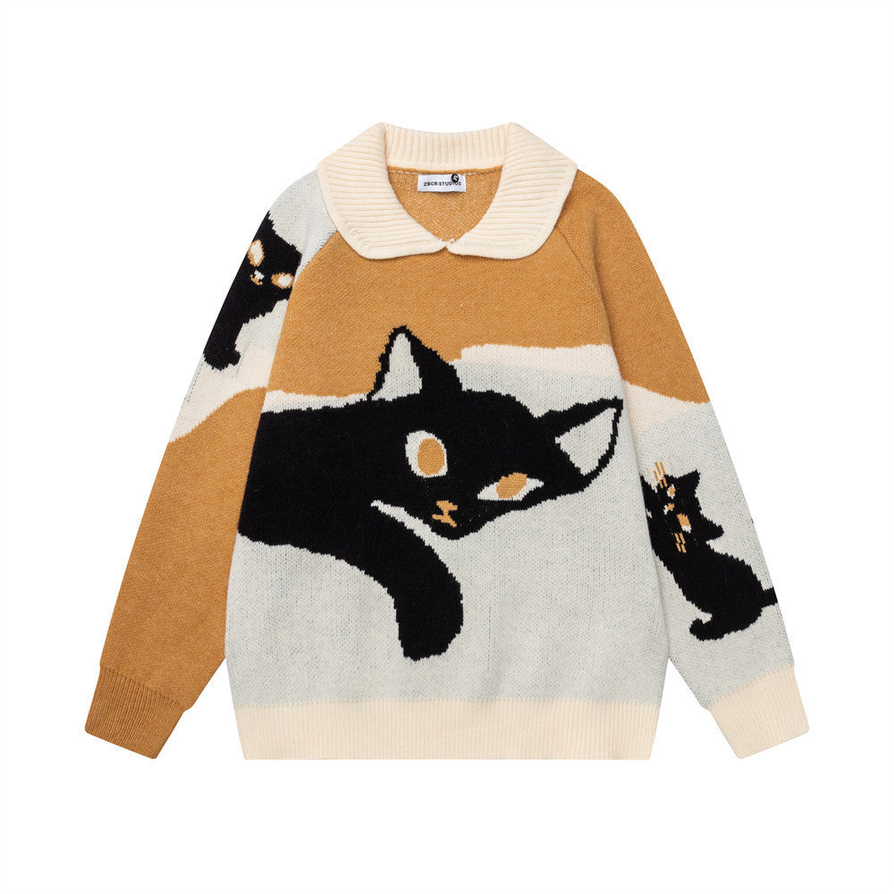 Cartoon cat contrasting collar sweater
