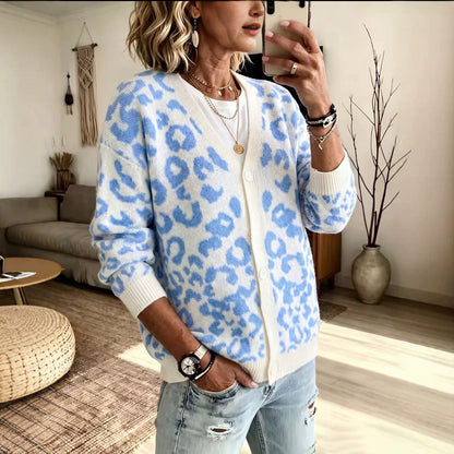 Loose leopard print knit cardigan jacket