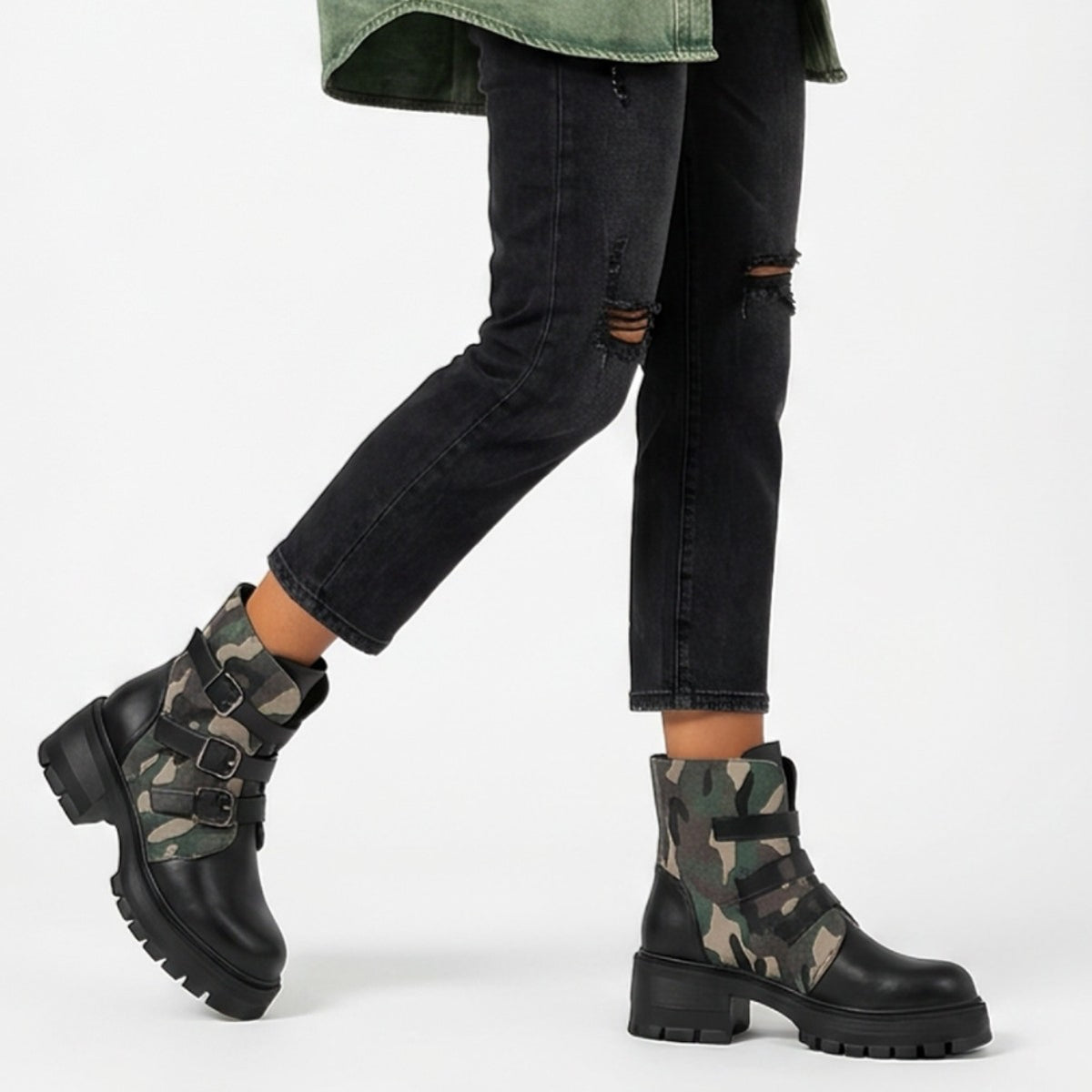 High Heel Thick Sole Belt Buckle Camouflage Low Cut Women&