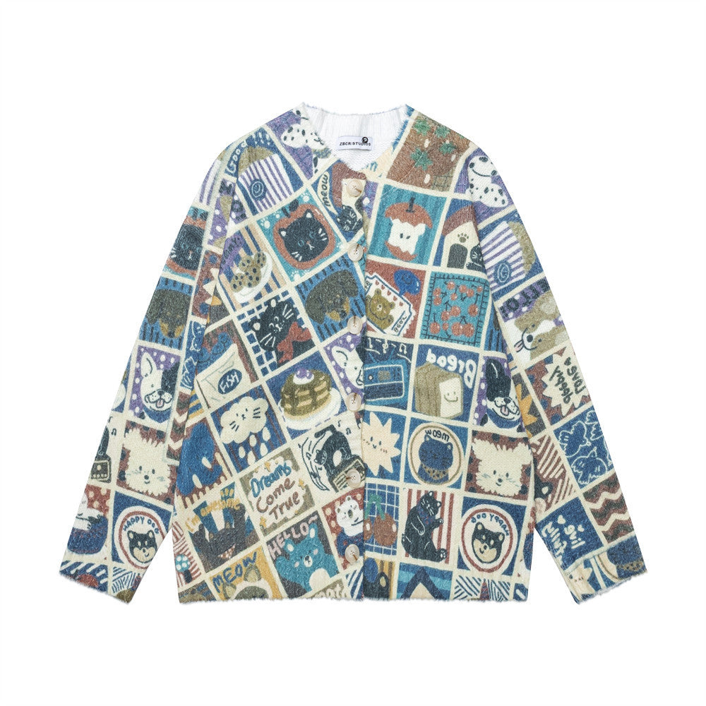 Cartoon full print digital long sleeved round neck knit