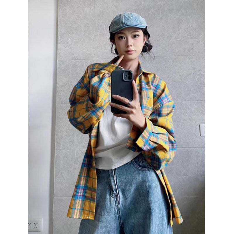 Retro Yellow Plaid Long Sleeve Shirt Jacket for Women