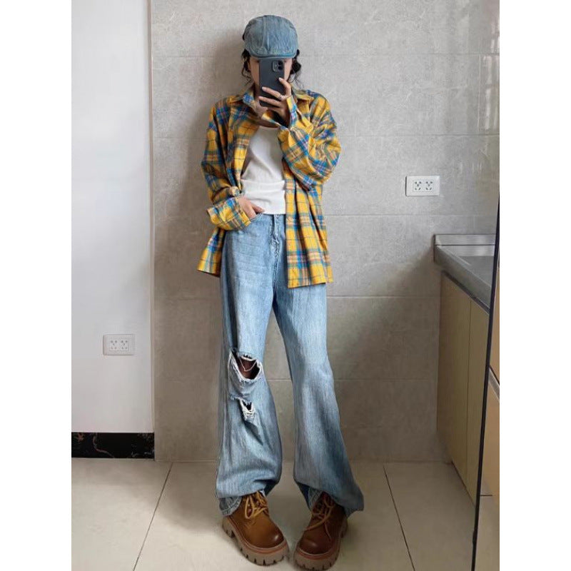 Retro Yellow Plaid Long Sleeve Shirt Jacket for Women