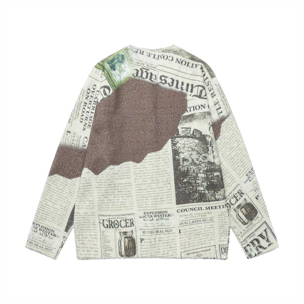 Cartoon puppy newspaper printed cardigan sweater