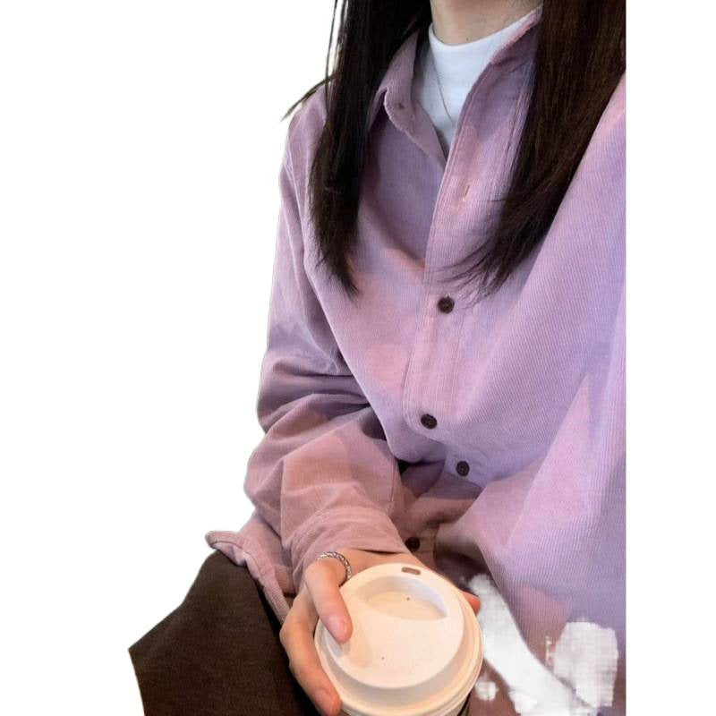Style Casual Purple Corduroy Long Sleeve Loose Shirt