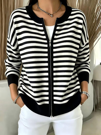 Striped zipper knitted cardigan for women