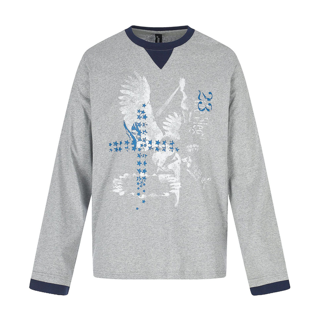 Distressed Printed Color-block Crewneck Long Sleeve T-Shirt