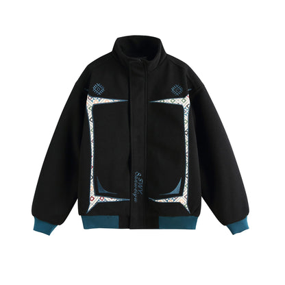 Embroidery Design Button Closure Stand Collar Loose Fit Men&