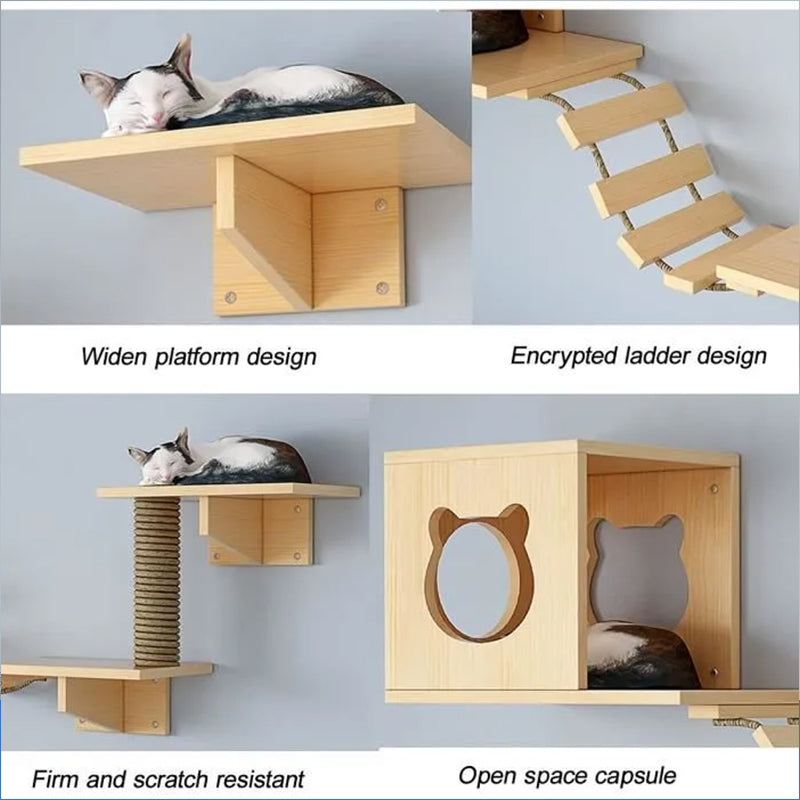 Wall-Mounted Cat Hammock &amp; Sisal Scratch Post Set – Space-Saving Cat Activity Shelves, Climbing Tree &amp; Bed for Indoor Cats