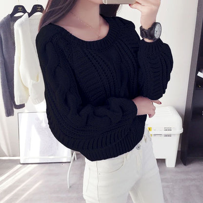 Round neck pullover versatile short Fried Dough Twists sweater for women