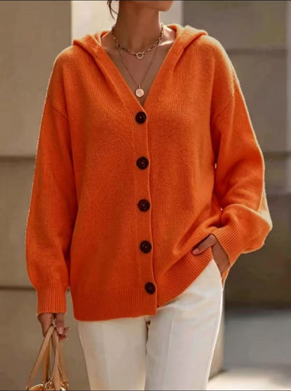 Hooded Knitted Cardigan Solid Color Casual