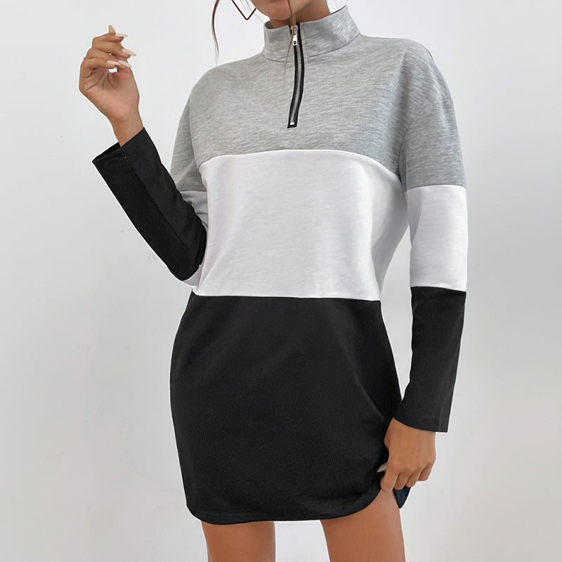 Color Block Zip Front Stand Collar Black Women&