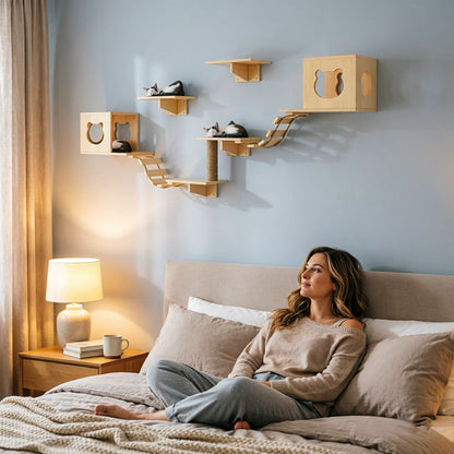 Wall-Mounted Cat Hammock &amp; Sisal Scratch Post Set – Space-Saving Cat Activity Shelves, Climbing Tree &amp; Bed for Indoor Cats