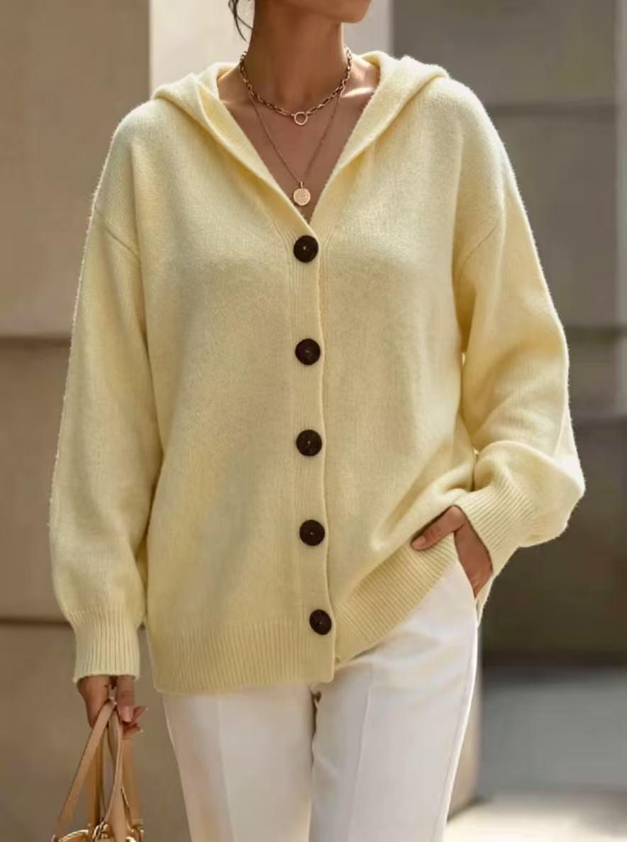 Hooded Knitted Cardigan Solid Color Casual