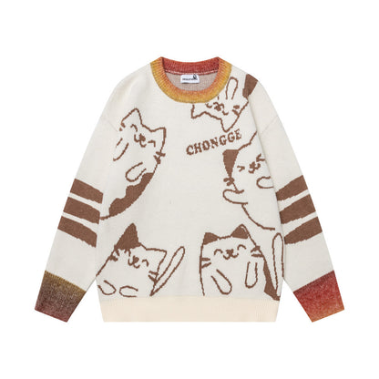 Cartoon jacquard contrasting round neck sweater