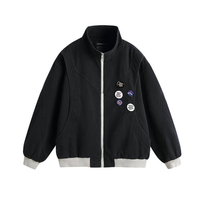 Badge Deconstructed Design Zip-Up Stand Collar Jacket for Men