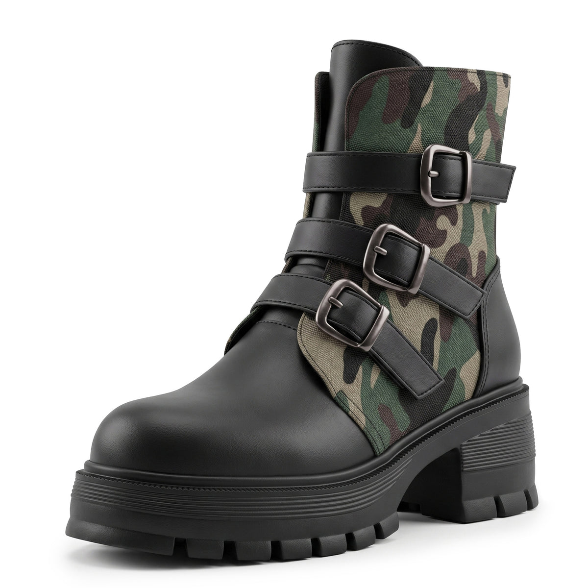 High Heel Thick Sole Belt Buckle Camouflage Low Cut Women&