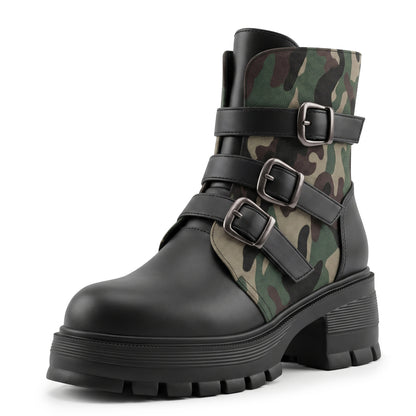 High Heel Thick Sole Belt Buckle Camouflage Low Cut Women&