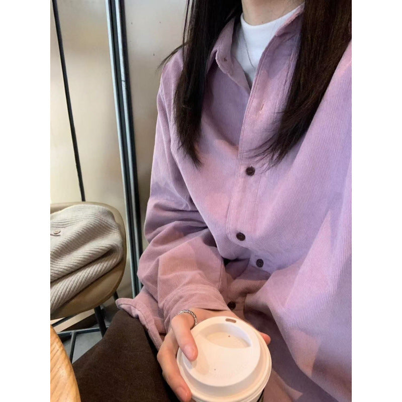 Style Casual Purple Corduroy Long Sleeve Loose Shirt