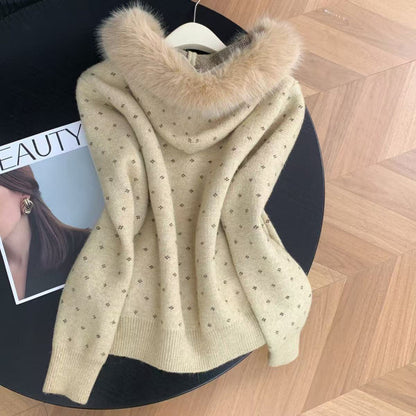 Hooded Fur-Collar Zip-Up Knit Cardigan for Women, Vintage Stylish Thick Short Knit Sweater Coat