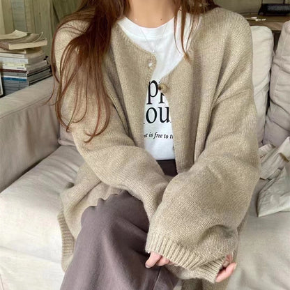 Round Neck Knit Cardigan for Women, Versatile Single Button Inner Layer Sweater Coat