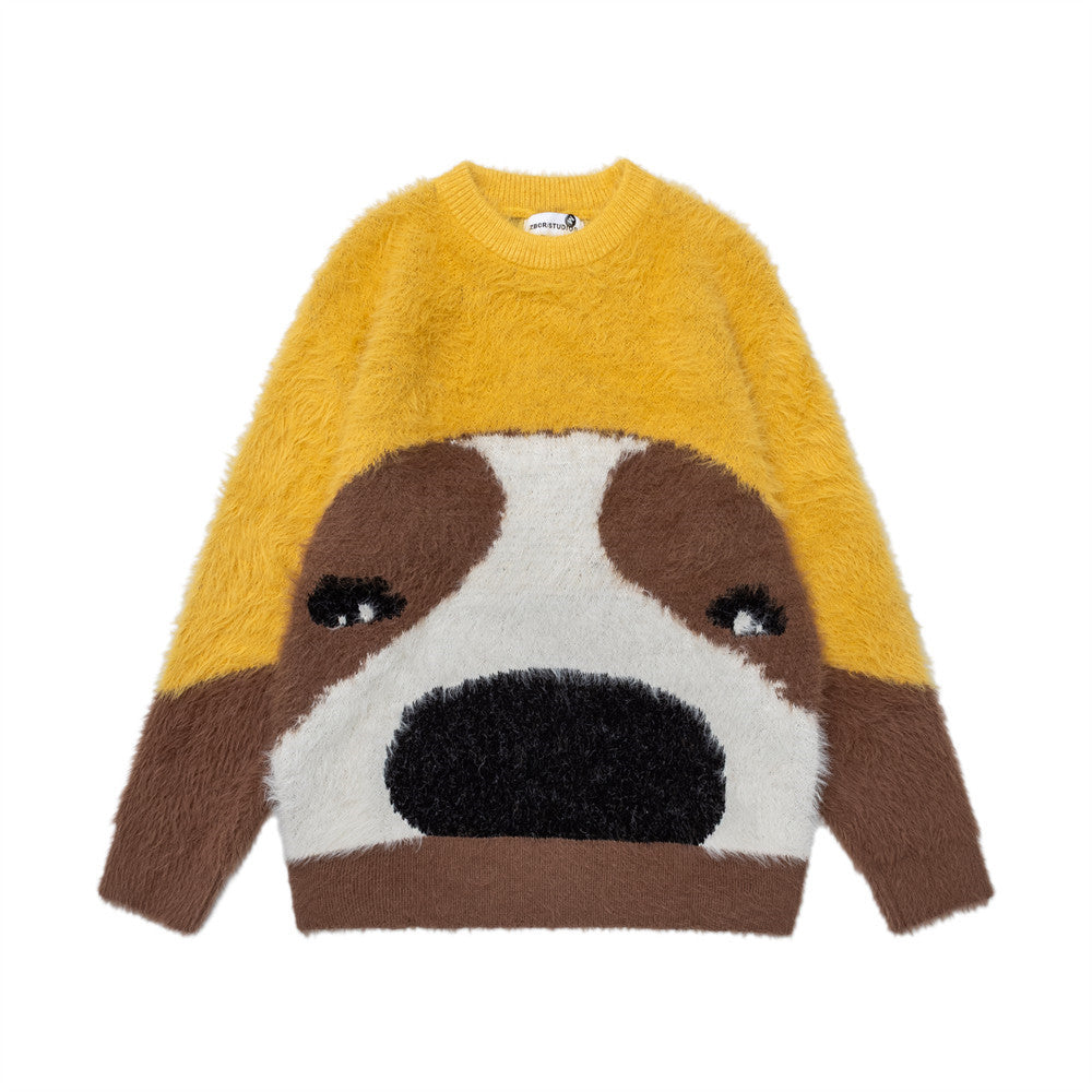 Cute cartoon puppy contrasting round neck sweater