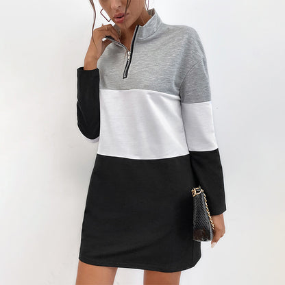 Color Block Zip Front Stand Collar Black Women&
