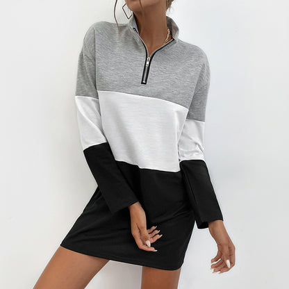 Color Block Zip Front Stand Collar Black Women&