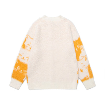 Cartoon contrasting round neck knitted cardigan