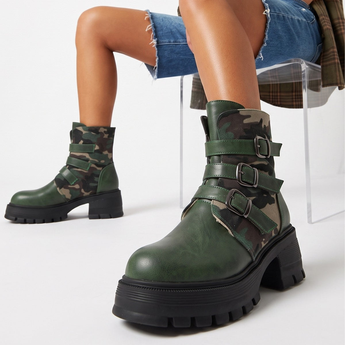 High Heel Thick Sole Belt Buckle Camouflage Low Cut Women&
