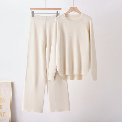 Loose long sleeved round neck wide leg pants two-piece set for women
