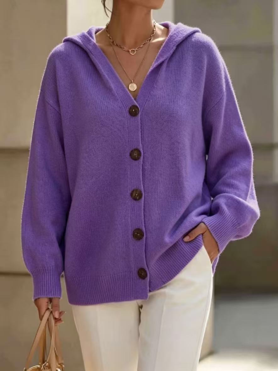 Hooded Knitted Cardigan Solid Color Casual