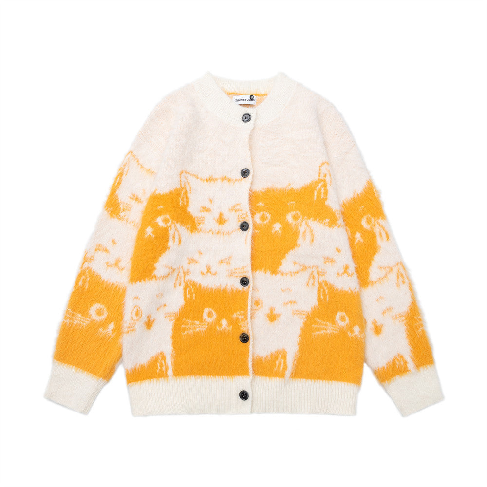 Cartoon contrasting round neck knitted cardigan