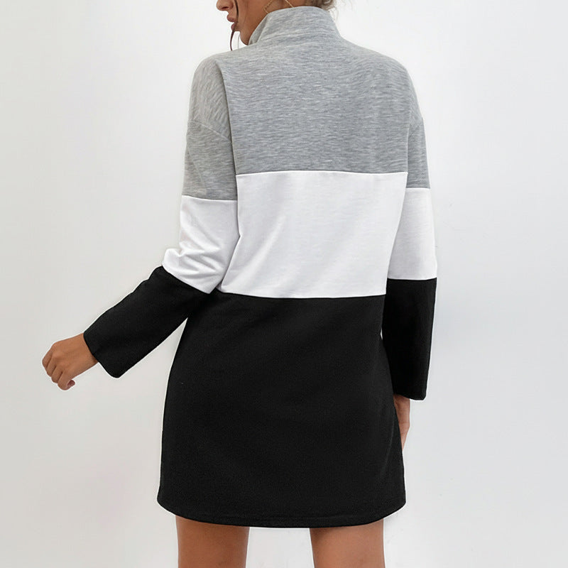 Color Block Zip Front Stand Collar Black Women&
