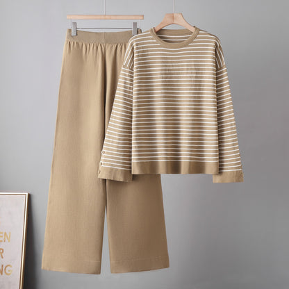 Striped top wide leg pants two-piece set for women