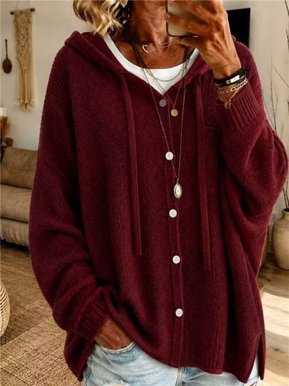 Button knit hooded sweater cardigan jacket