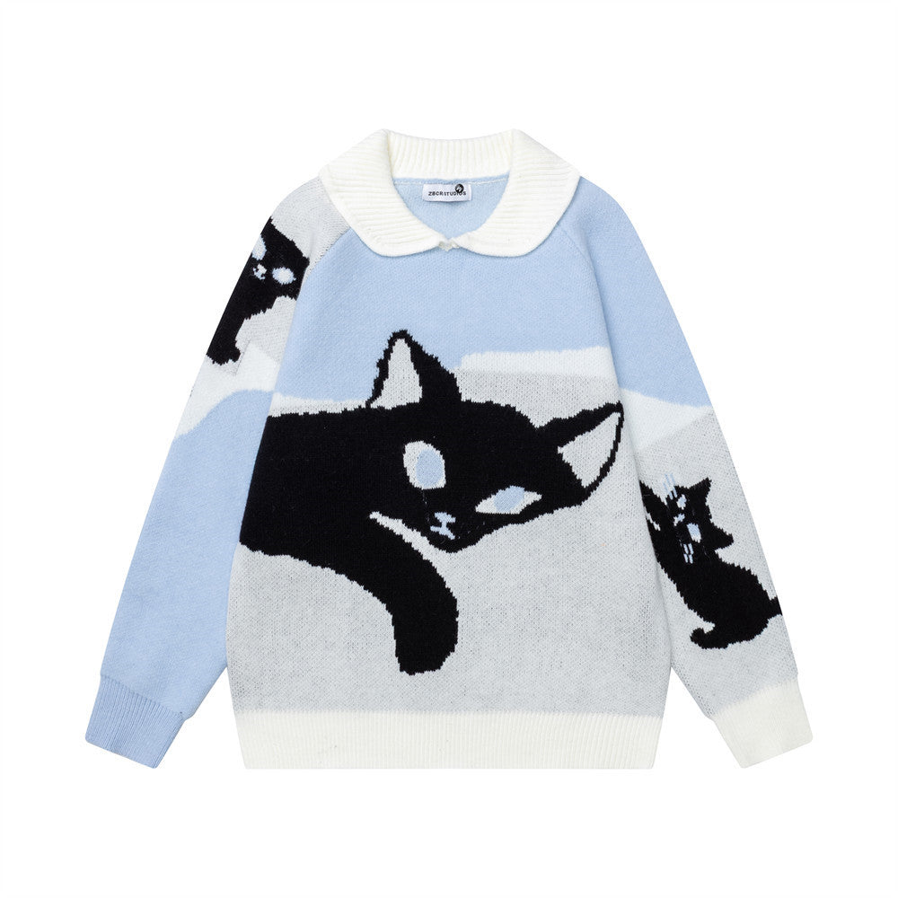 Cartoon cat contrasting collar sweater