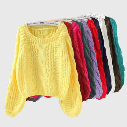 Round neck pullover versatile short Fried Dough Twists sweater for women