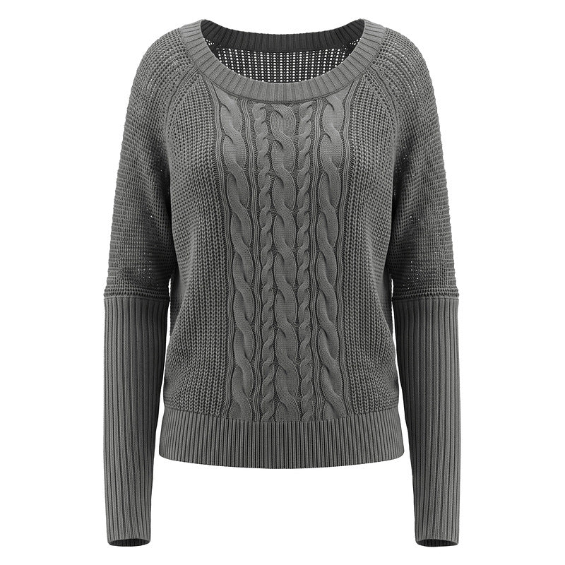 Round neck twisted flower knitted long sleeved sweater
