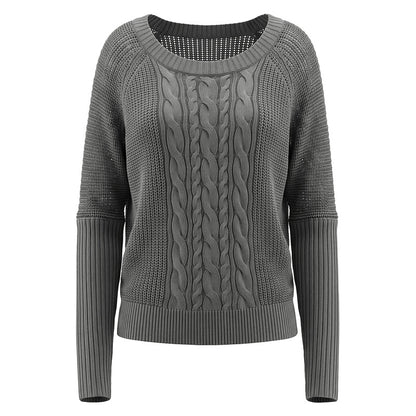 Round neck twisted flower knitted long sleeved sweater