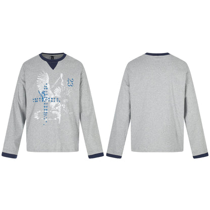 Distressed Printed Color-block Crewneck Long Sleeve T-Shirt