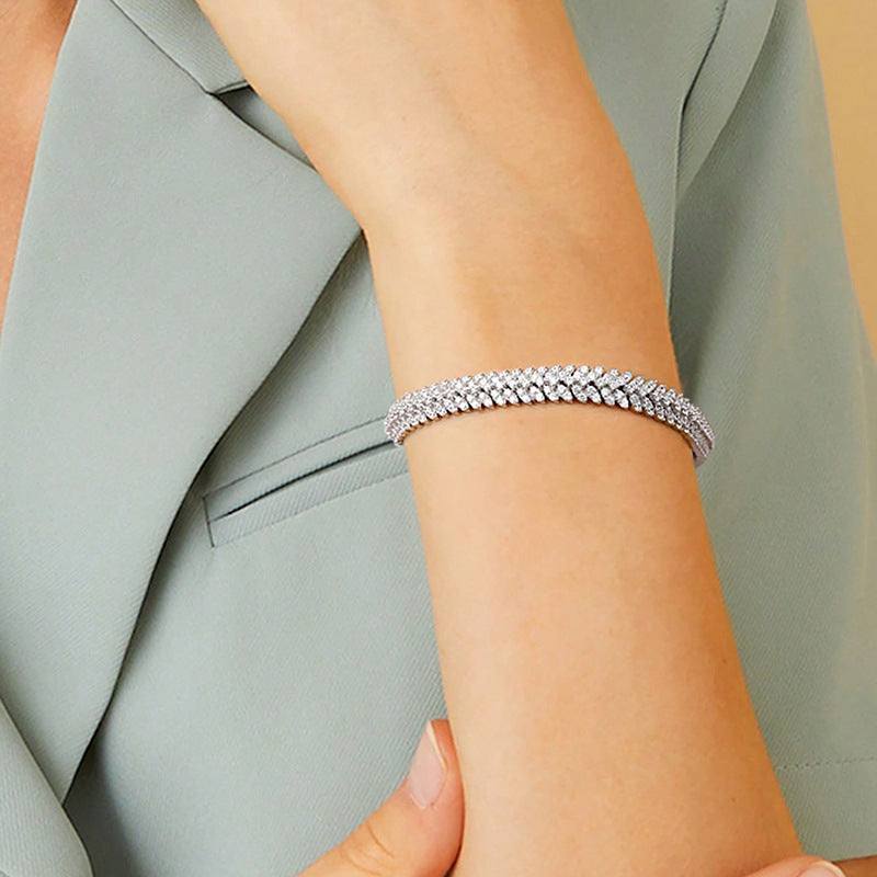 Fashion Chain Bracelet with Fishbone Zircon, Gold and Silver, Elegant Full Diamond Tennis Bracelet for Women, Mother&