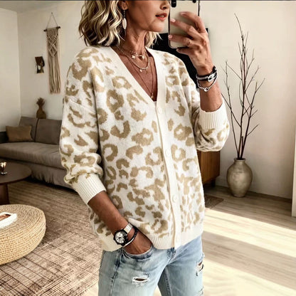 Loose leopard print knit cardigan jacket