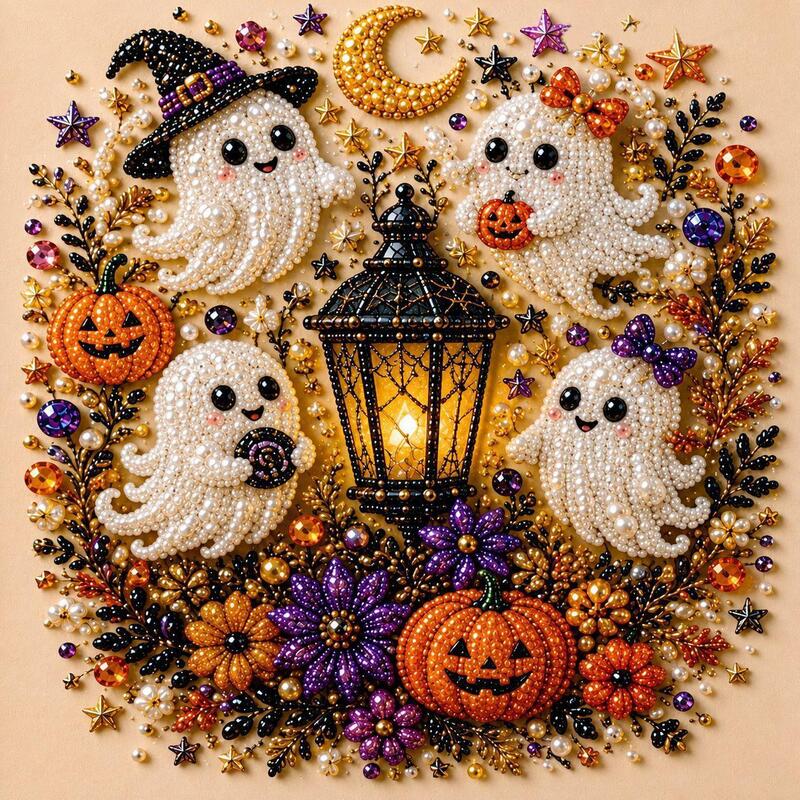 Spooky Ghost Diamond Art Kit, Halloween DIY Wall Decor for Adults &amp; Beginners, Full Drill Gem Painting